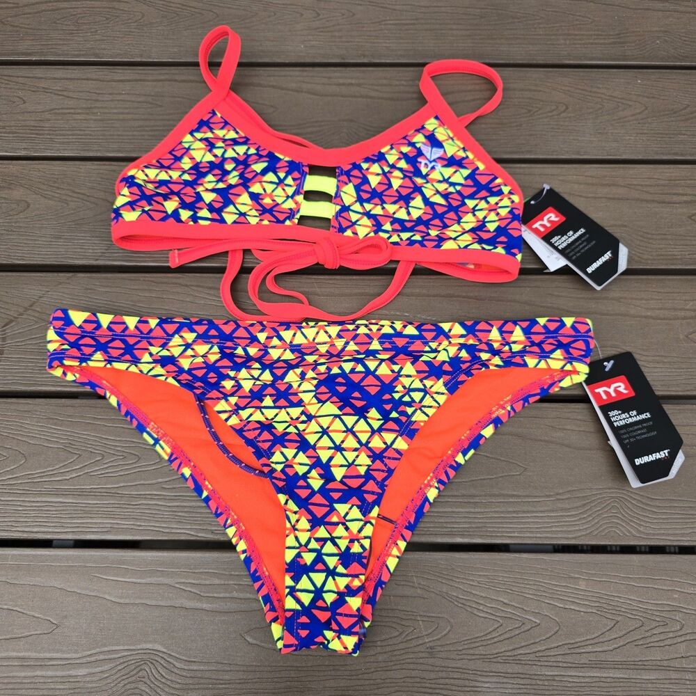 TYR Womens Durafast Moderna neon Tieback Top & mini Bikini Bottom Sz S  NEW